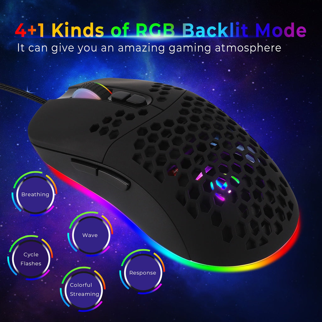 Cave mouse USB-C luminous RGB wired macro programming game mouse with 6 keys to turn off lights