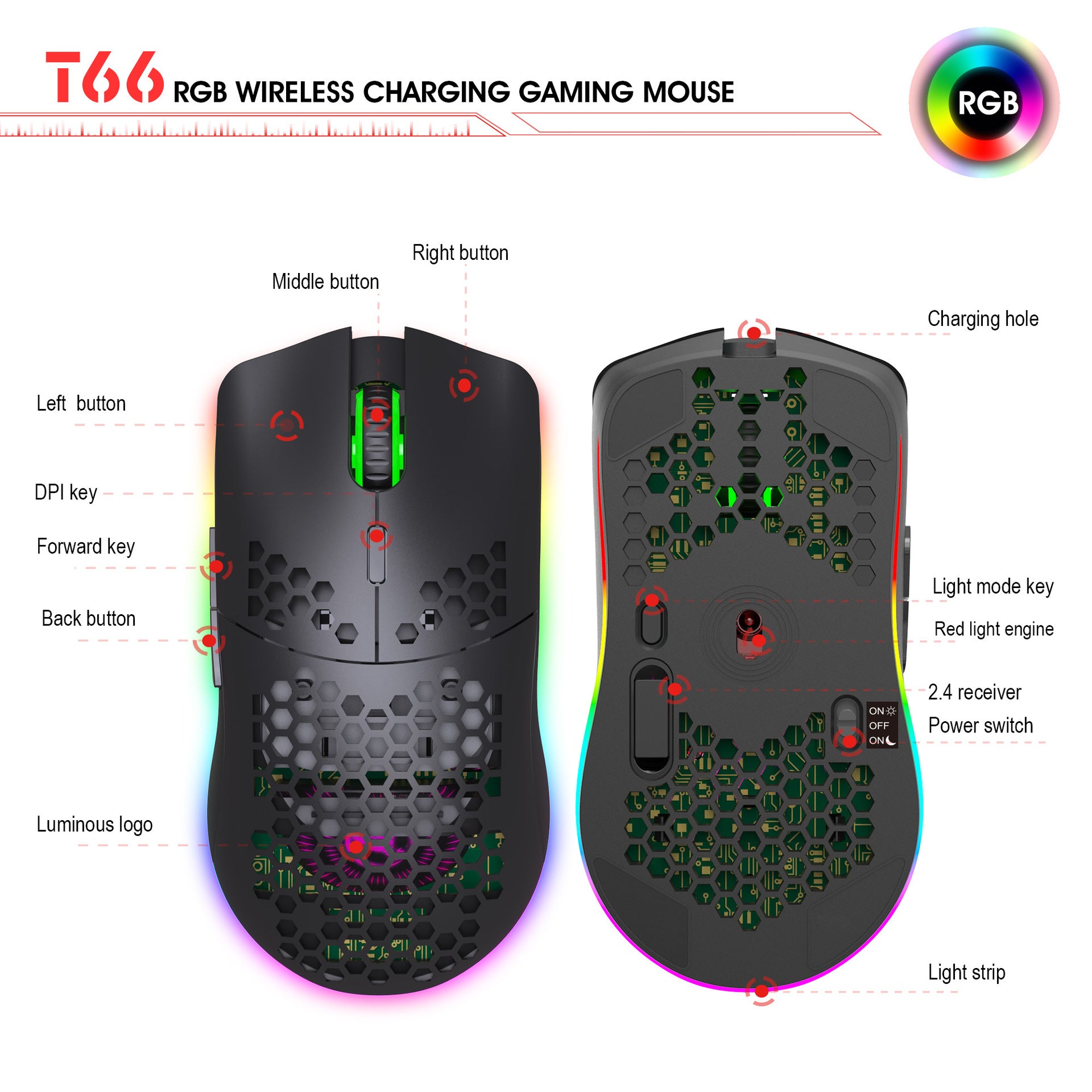Lightweight hollow hole mouse RGB wireless 2.4G charging game light computer office mouse